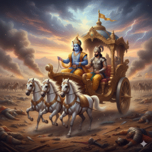 Arjuna in Mahabharata receiving Bhagavad Gita teachings from Krishna