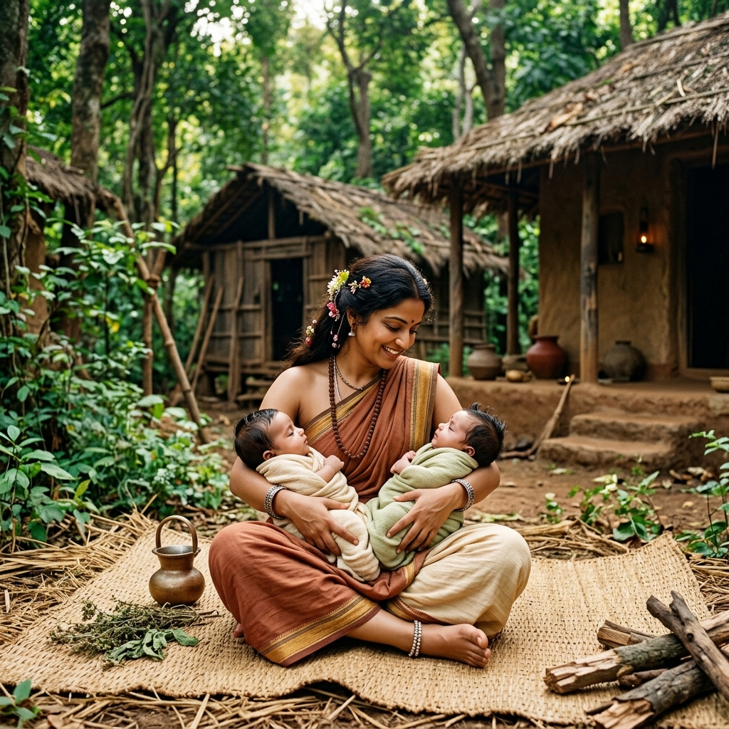 Madri with her twin sons Nakula and Sahadeva in the forest hermitage