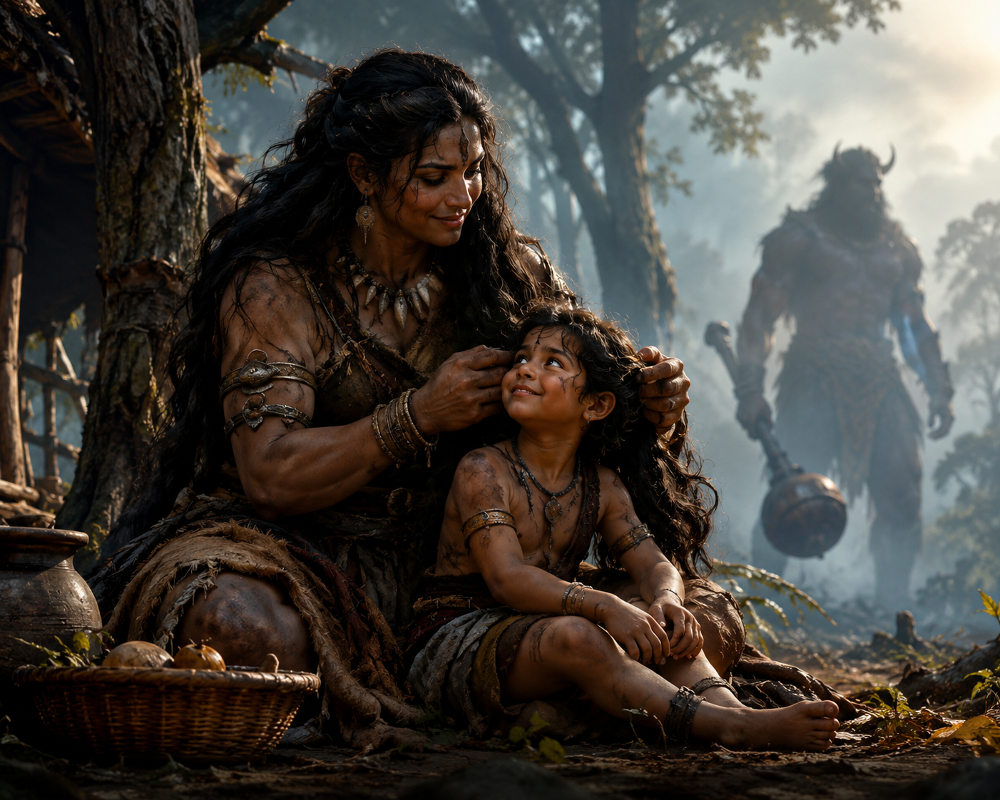Hidimbi with her young son Ghatotkacha in the forest