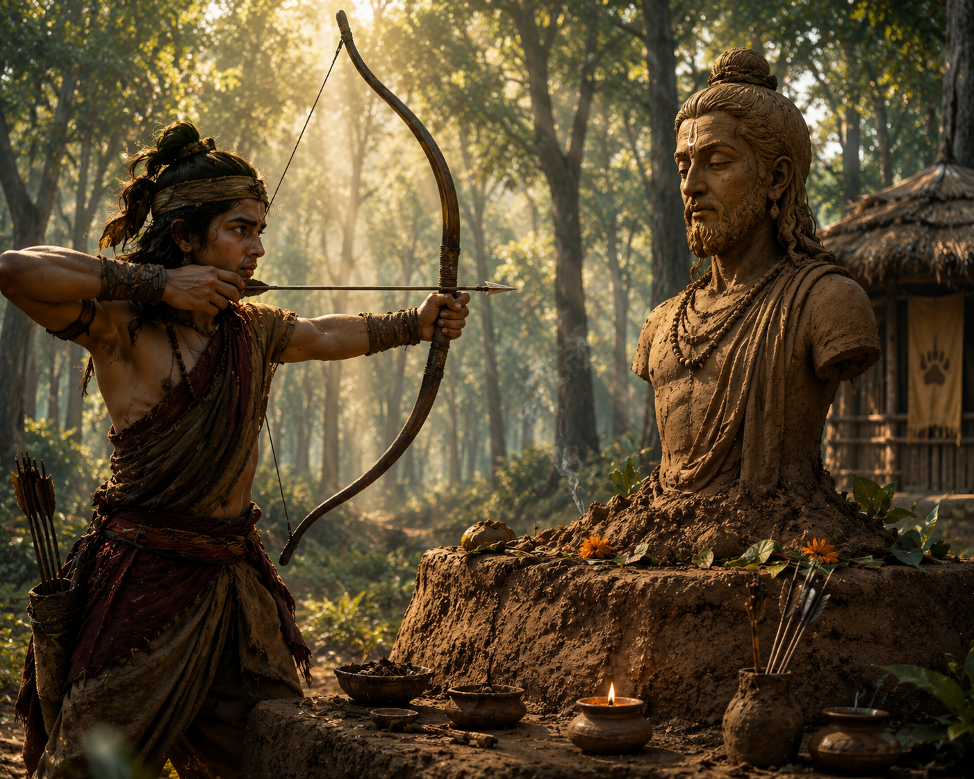 Ekalavya in the Mahabharata " Ekalavya practicing archery in front of Dronacharya clay statue