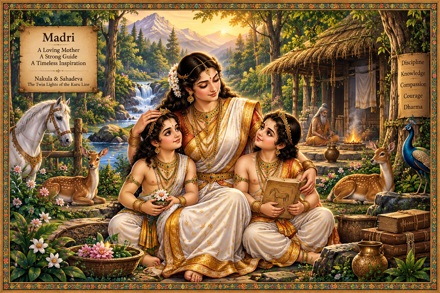 Madri with her twin sons Nakula and Sahadeva in the forest hermitage