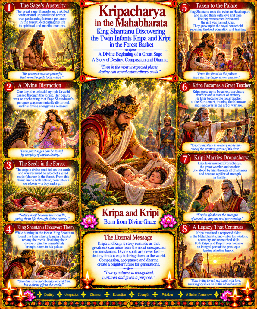 Kripacharya in the Mahabharata : King Shantanu discovering the twin infants Kripa and Kripi in the forest basket