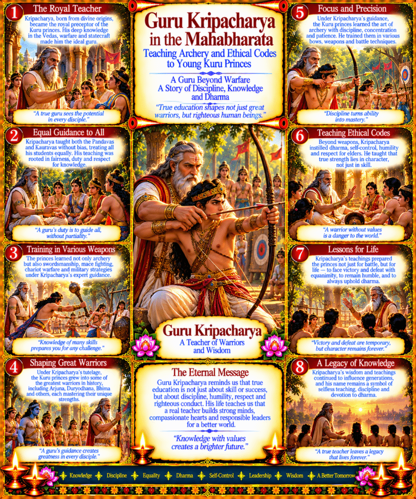 Kripacharya in the Mahabharata : Guru Kripacharya teaching archery and ethical codes to young Kuru princes