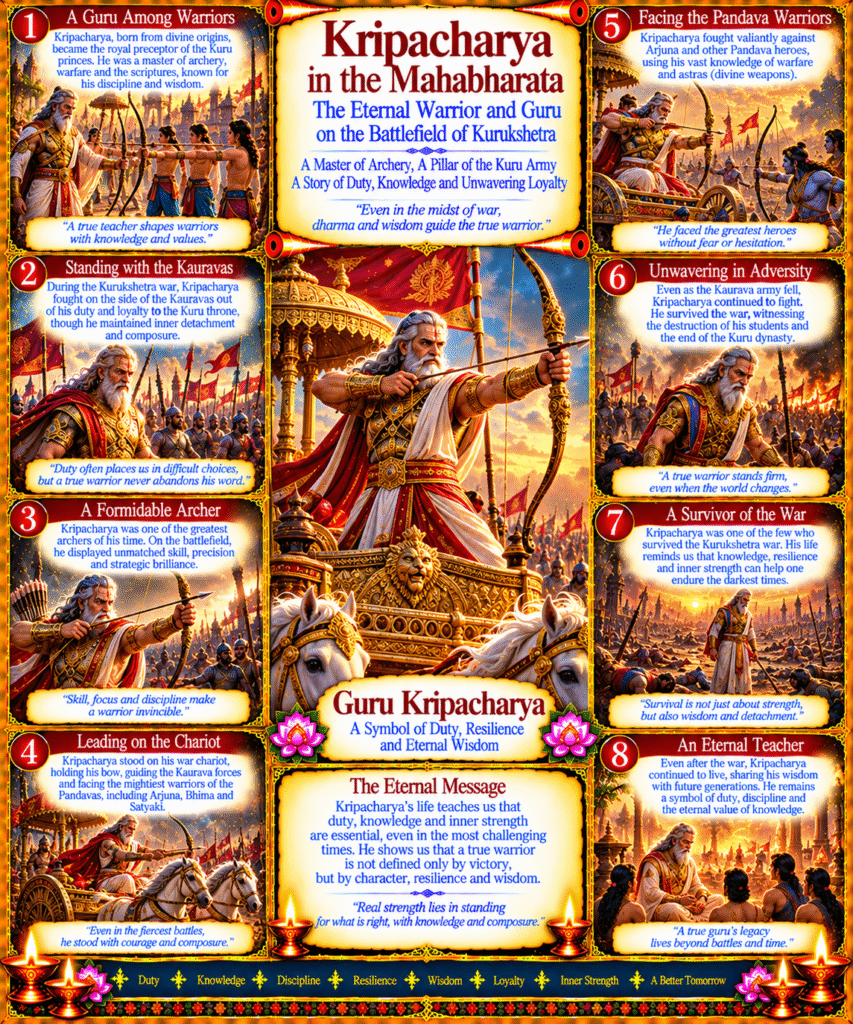 Kripacharya in the Mahabharata : Guru Kripacharya standing on war chariot holding a bow during Kurukshetra war