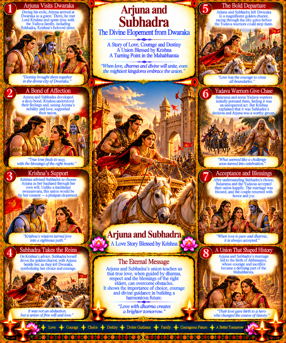 TSubhadra in the Mahabharata : he ancient elopement of Arjuna and Subhadra on a golden chariot from Dwaraka