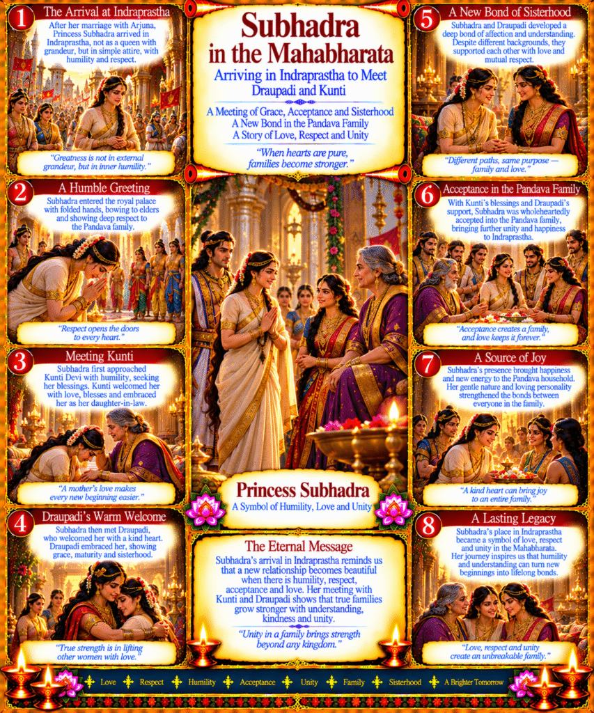 Subhadra in the Mahabharata : Princess Subhadra arriving in Indraprastha in simple attire to greet Draupadi and Kunti