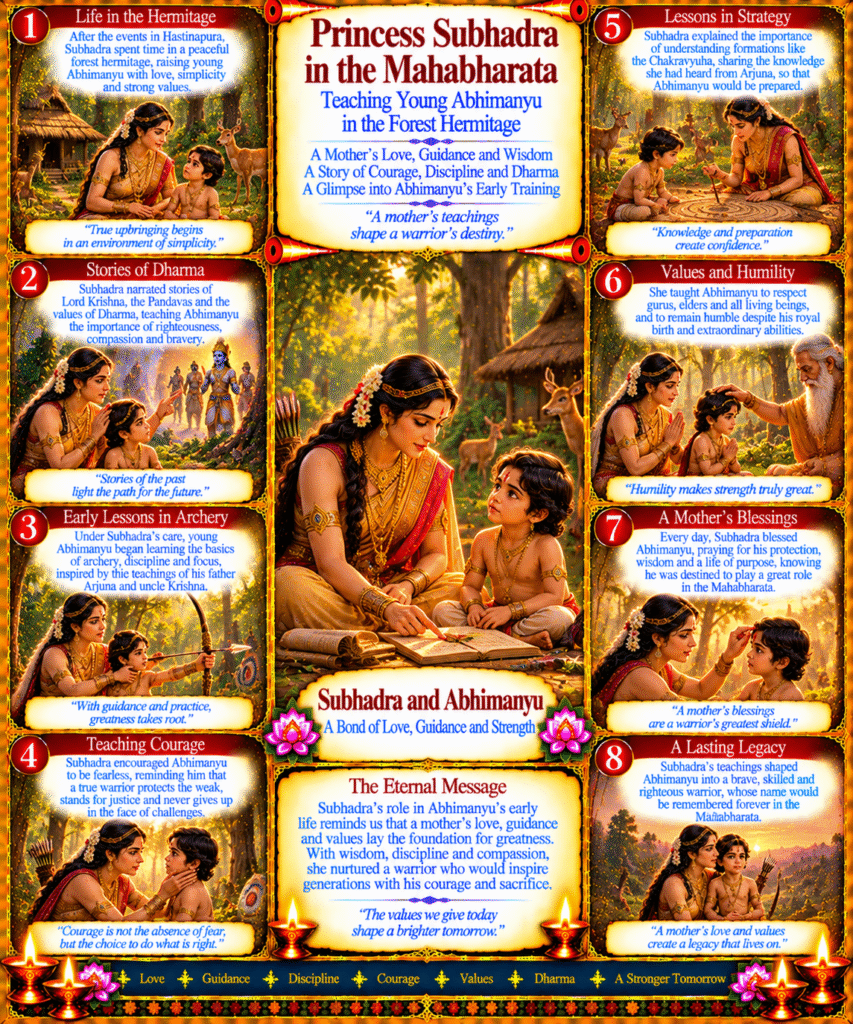 Subhadra in the Mahabharata : Princess Subhadra teaching her young son Abhimanyu in the forest hermitage