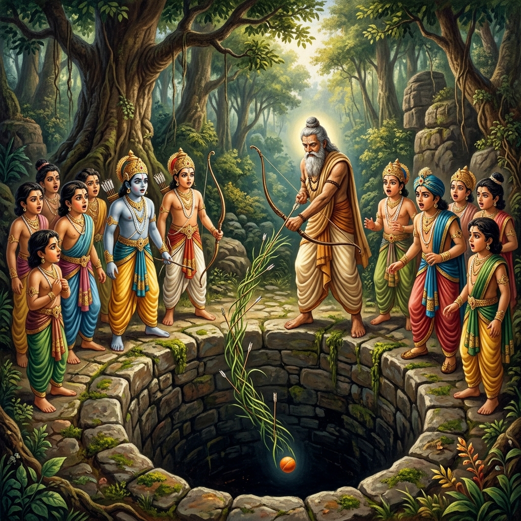 Guru Dronacharya retrieving the ball with a chain of grass blades for Kuru princes