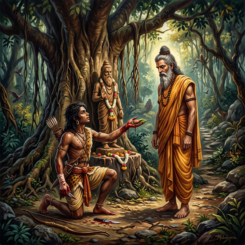 Ekalavya cutting off his right thumb as Gurudakshina to Dronacharya