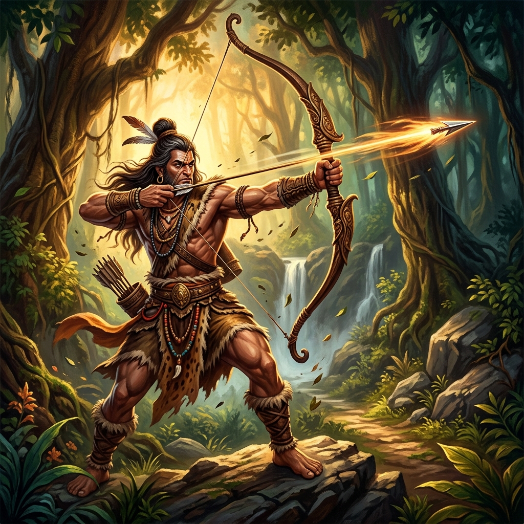 Ekalavya in the Mahabharata : Ekalavya shooting arrows using only index and middle fingers