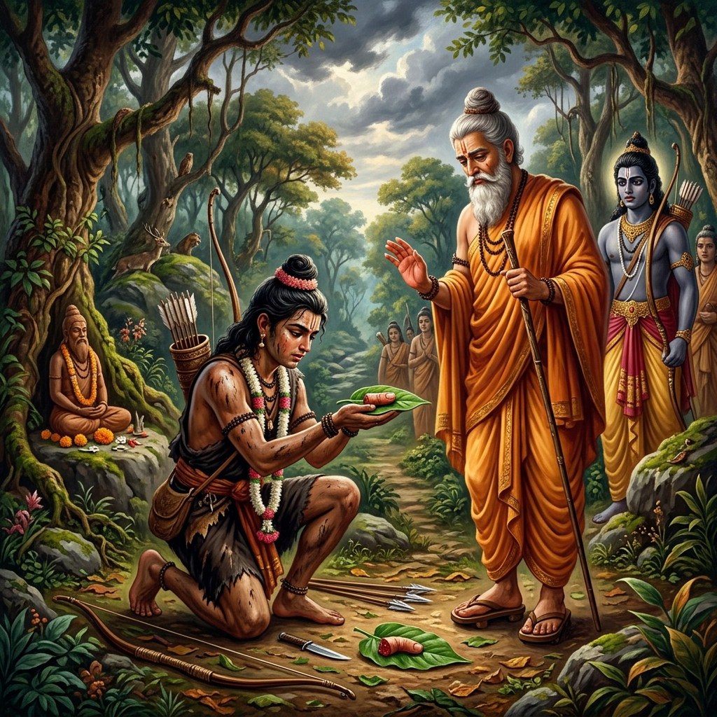 Ekalavya in the Mahabharata : Ekalavya offering his right thumb as Gurudakshina to Dronacharya