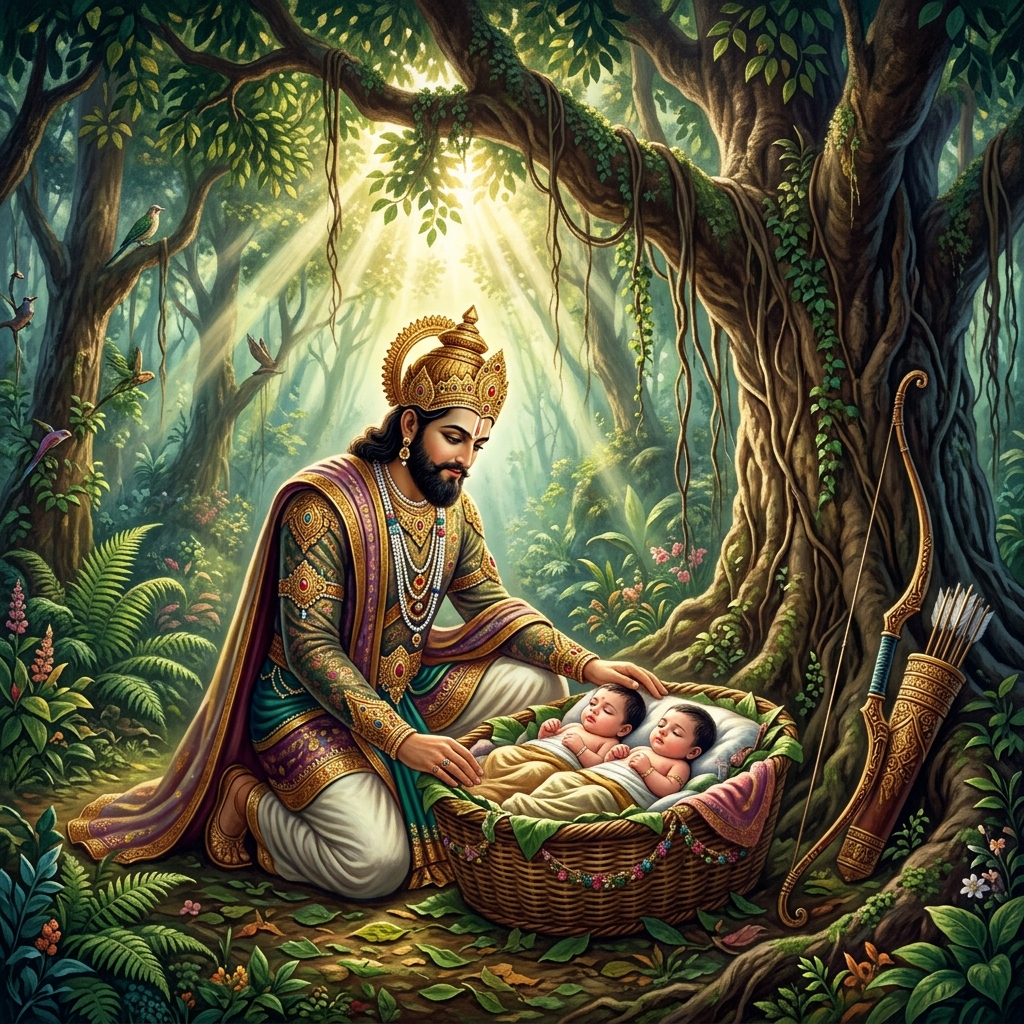 King Shantanu discovering the twin infants Kripa and Kripi in the forest basket