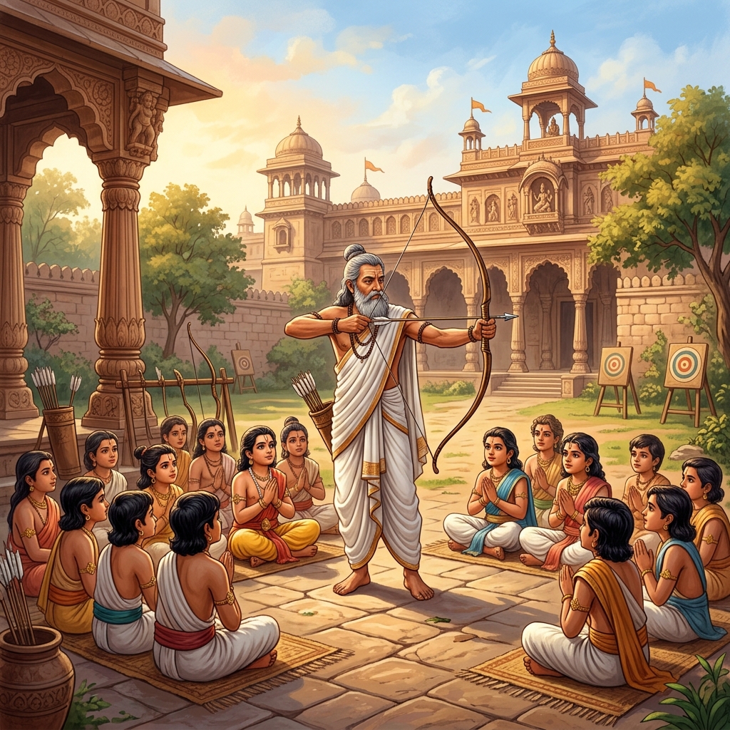 Guru Kripacharya teaching archery and ethical codes to young Kuru princes
