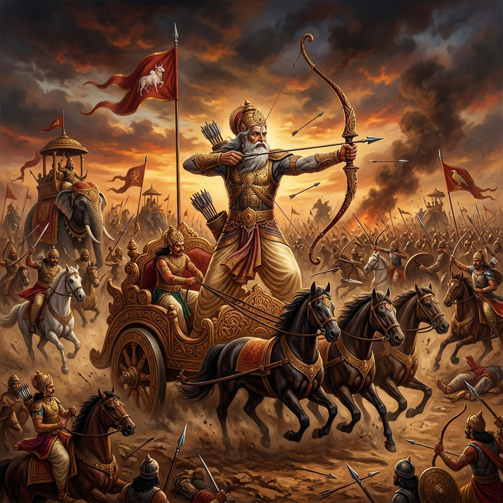 Guru Kripacharya standing on war chariot holding a bow during Kurukshetra war