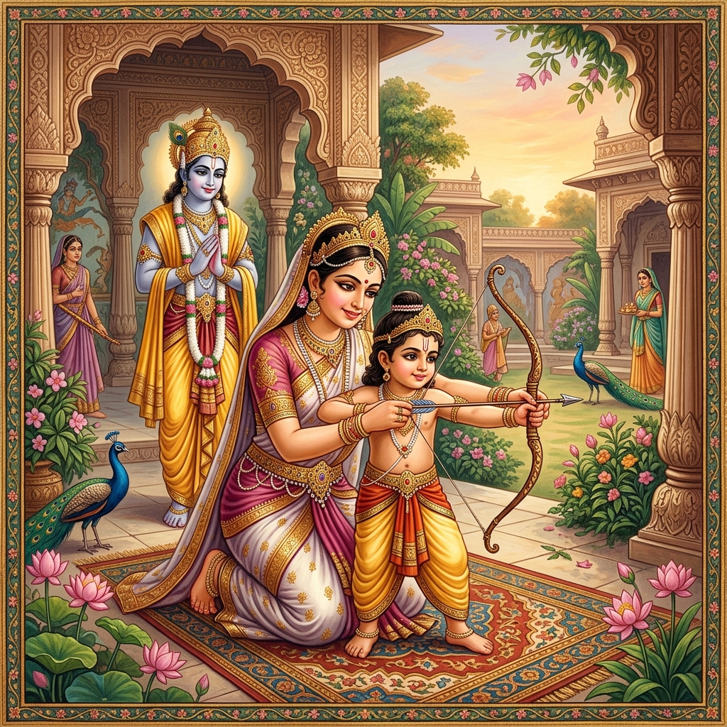 Princess Subhadra teaching her young son Abhimanyu in the forest hermitage