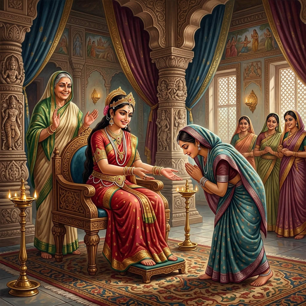 Princess Subhadra arriving in Indraprastha in simple attire to greet Draupadi and Kunti
