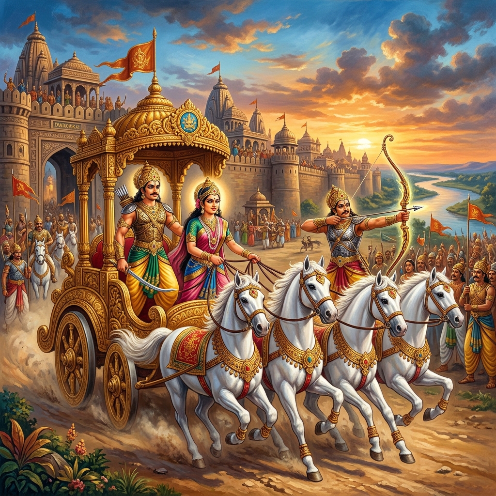 The ancient elopement of Arjuna and Subhadra on a golden chariot from Dwaraka