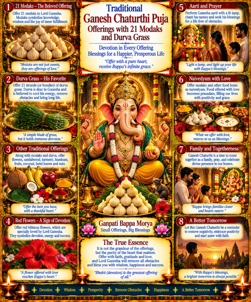 Traditional Ganesh Chaturthi Puja offerings with 21 Modaks and Durva grass