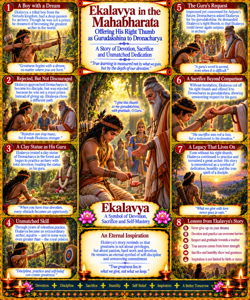 Ekalavya in the Mahabharata : Ekalavya offering his right thumb as Gurudakshina to Dronacharya