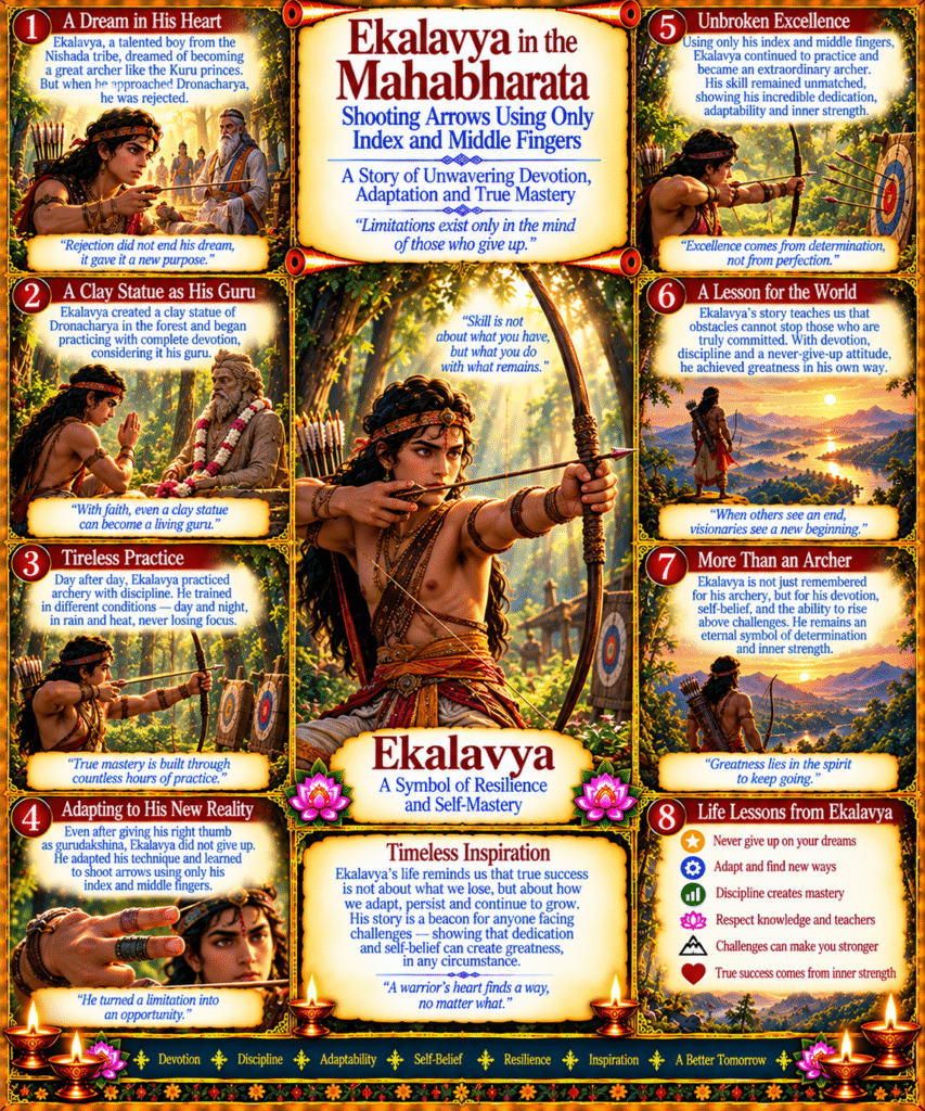 Ekalavya in the Mahabharata : Ekalavya shooting arrows using only index and middle fingers