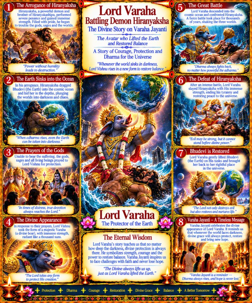 Lord Varaha battling demon Hiranyaksha story on Varaha Jayanti