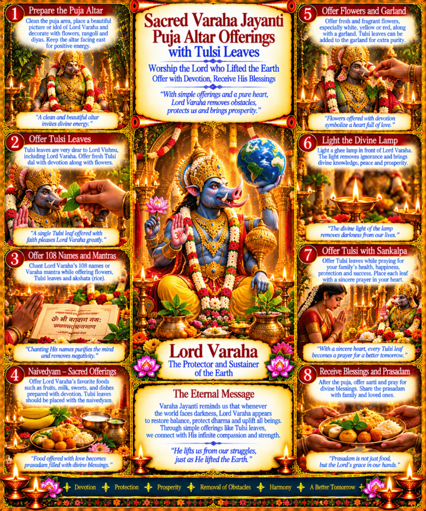 Sacred Varaha Jayanti Puja altar offerings with Tulsi leaves
