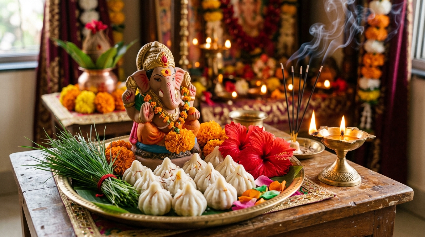 Traditional Ganesh Chaturthi Puja offerings with 21 Modaks and Durva grass