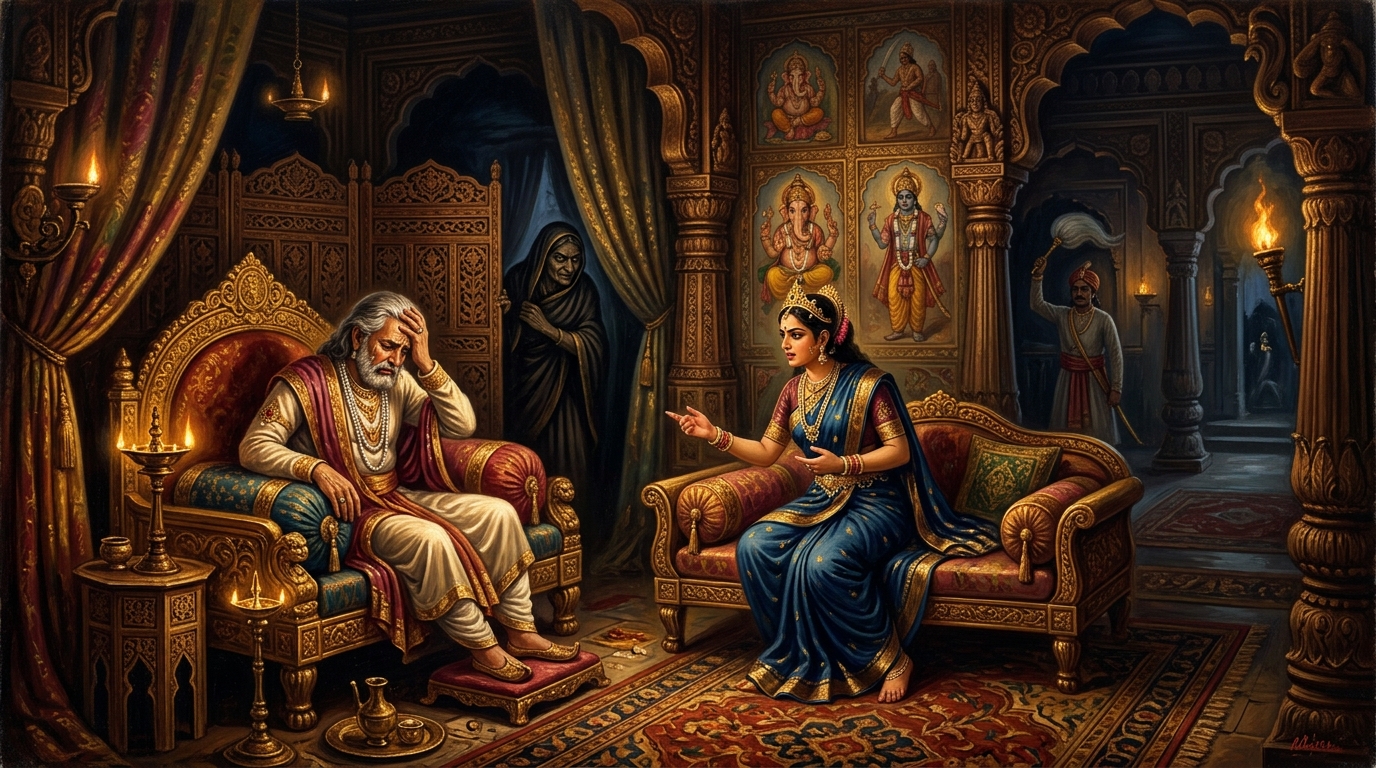 Queen Kaikeyi demanding Lord Rama Exile from King Dasharatha