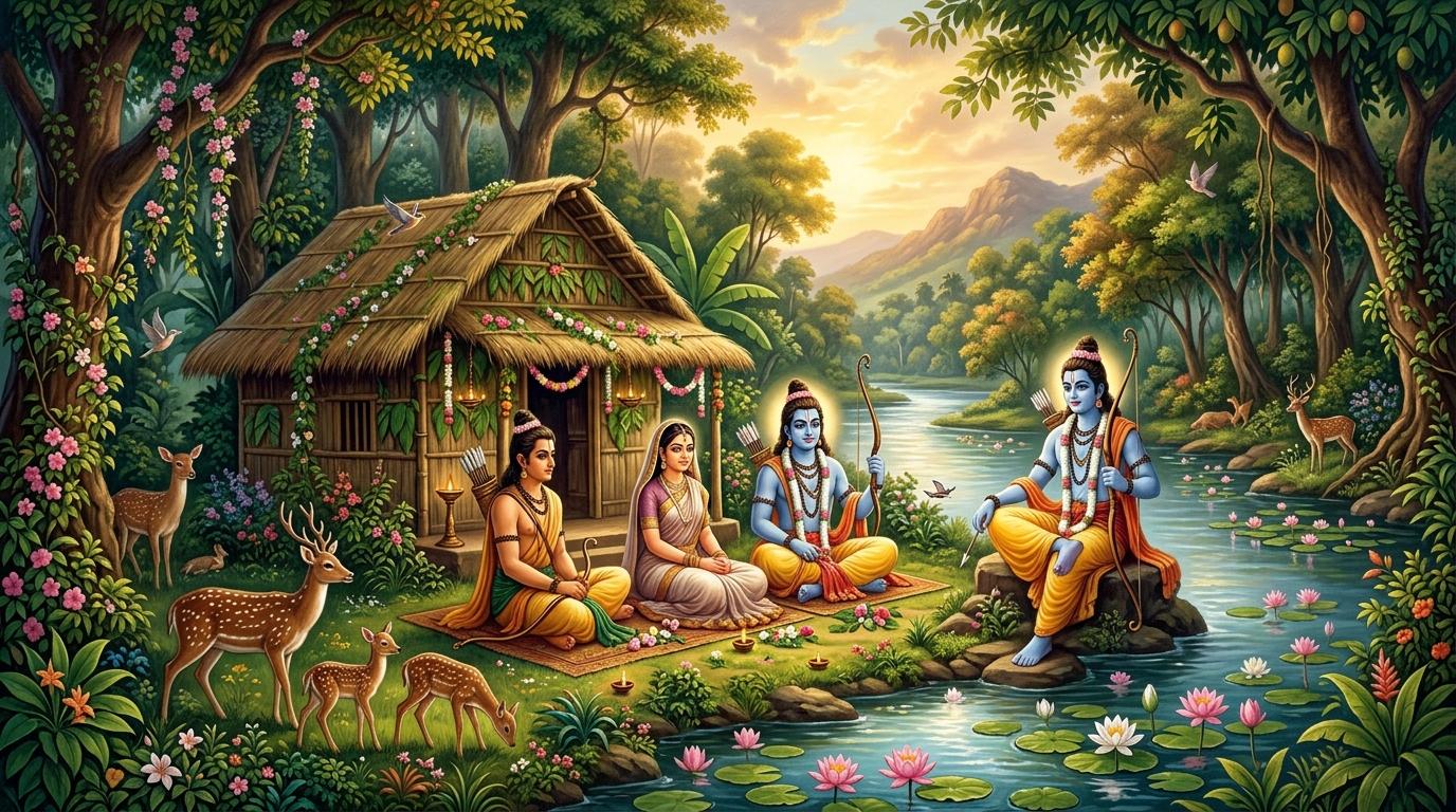 Lord Rama Exile hermitage at Chitrakoot with Sita and Lakshmana