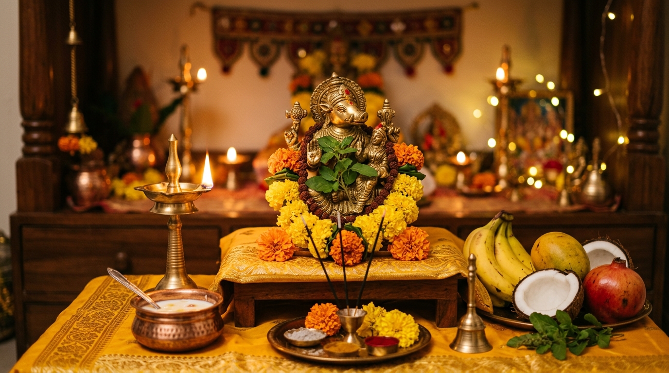 Sacred Varaha Jayanti Puja altar offerings with Tulsi leaves