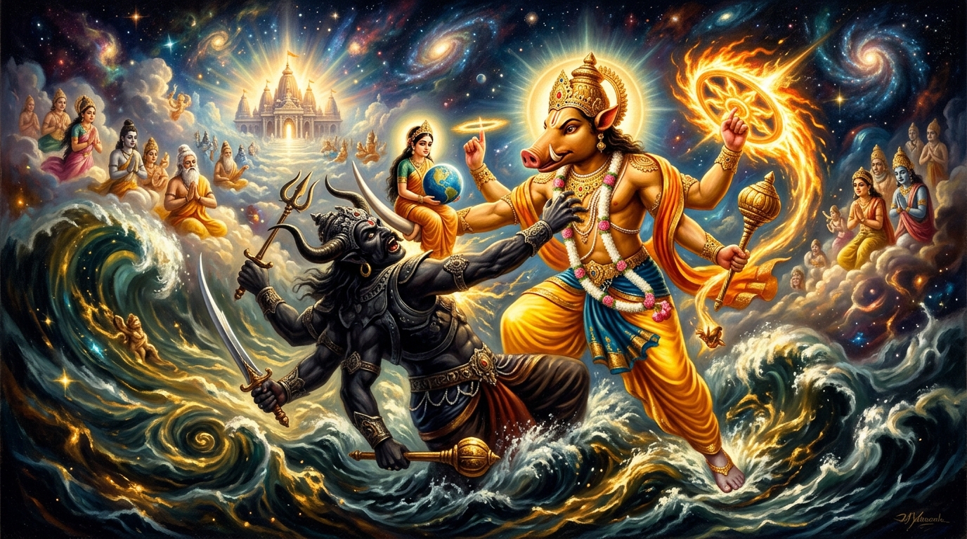 Lord Varaha battling demon Hiranyaksha story on Varaha Jayanti