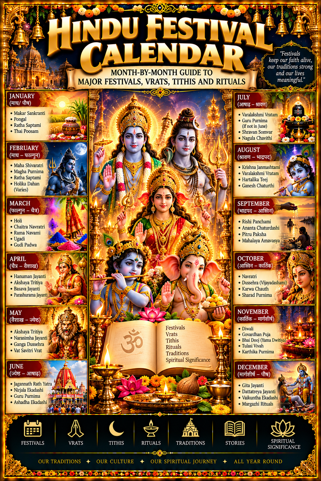 Hindu Festival Calendar: Month-by-Month Guide to Major Festivals, Vrats, Tithis and Rituals