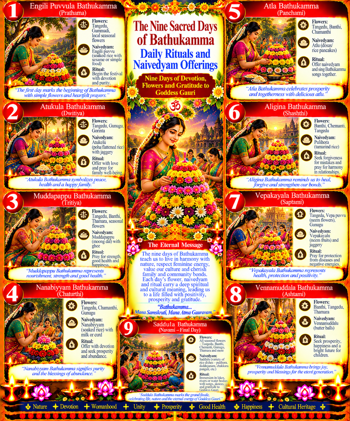 The Nine Sacred Days of Bathukamma: Daily Rituals and Naivedyam Offerings